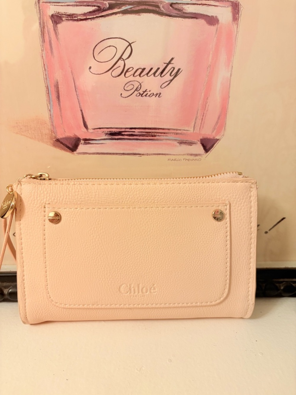 Chloé Pale Peach/Pink Blush Zip Wallet with Gold Studs